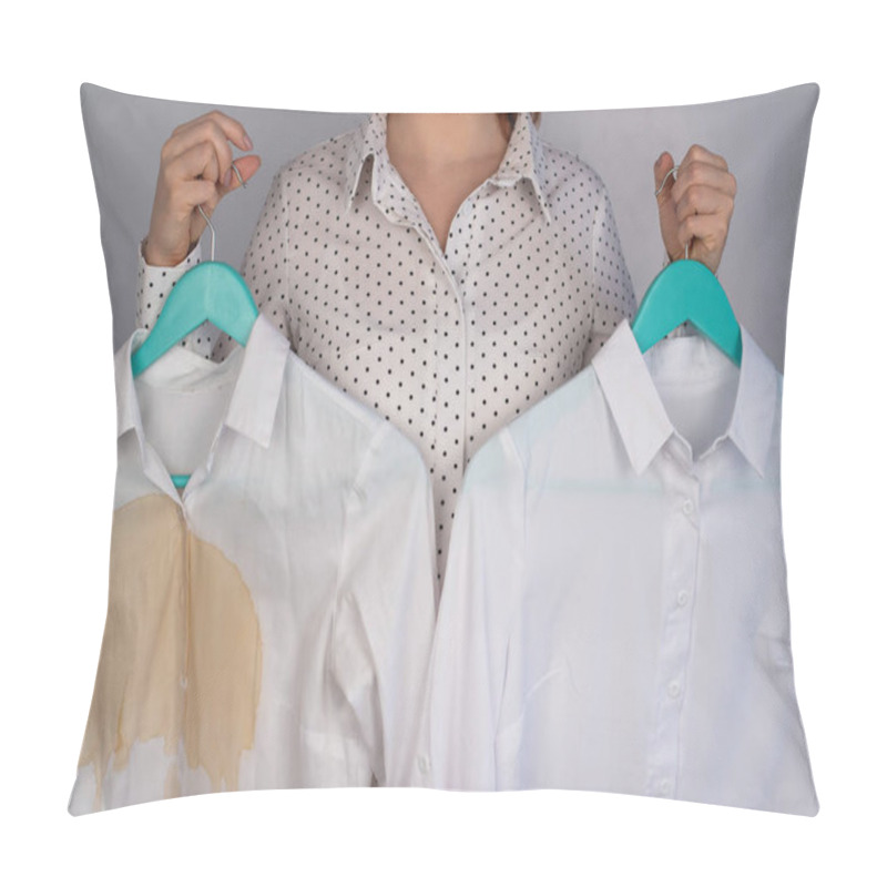 Personality  A Woman Compares Two White Shirts Before And After Washing. The Girl Is Holding One Blouse, Clean And Ironed, And The Other, Dirty With Coffee Stains Pillow Covers