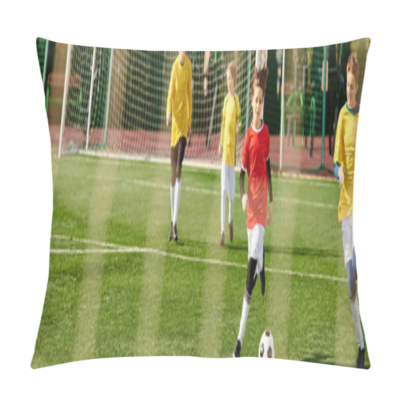 Personality  A Lively Group Of Young Men Engaged In An Intense Game Of Soccer, Kicking The Ball Around The Field With Skill And Determination, Displaying Teamwork And Competitive Spirit. Pillow Covers