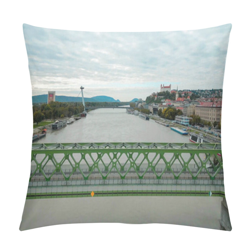 Personality  The Stary Most (Old Bridge) In Historic Bratislava Old Town, Slovakia. The Most SNP And Bratislava Castle Can Be Seen In The Background. Pillow Covers