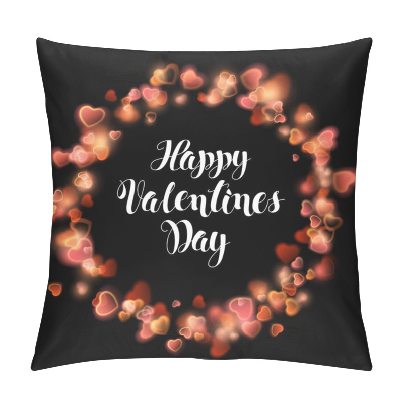 Personality  Happy Valentines Day. Modern Brush Calligraphy. Abstract Shiny Glitter Round Frame Made Of Tiny Circles And Hearts On Red Background. Vector Illustration Pillow Covers