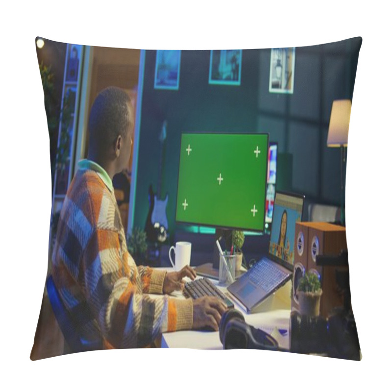 Personality  African American Photo Designer Retouching Images Next To Green Screen On Dual Screens In Tech Driven Environment, Representing Modern Digital Media. Graphic Artist Uses Software Tools. Camera B. Pillow Covers