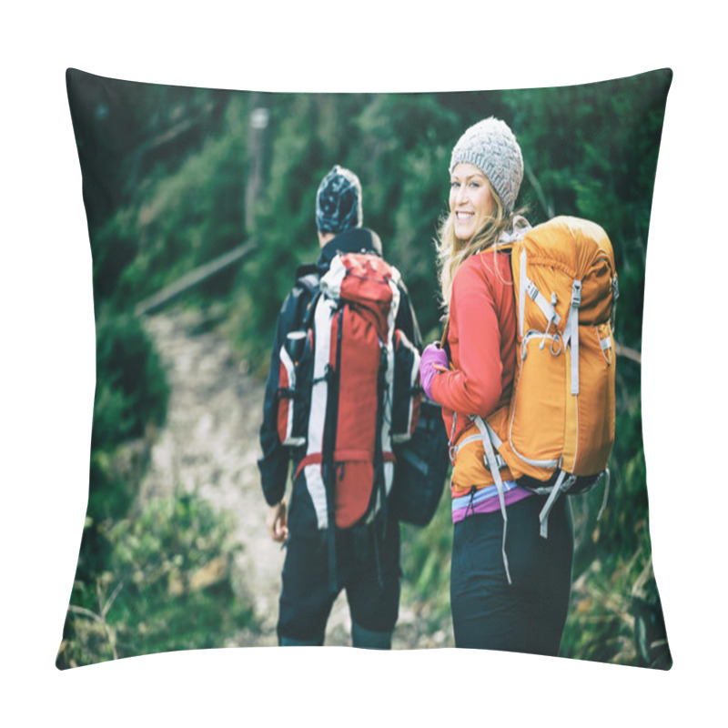 Personality  Couple Hikers Walking In Mountains Pillow Covers