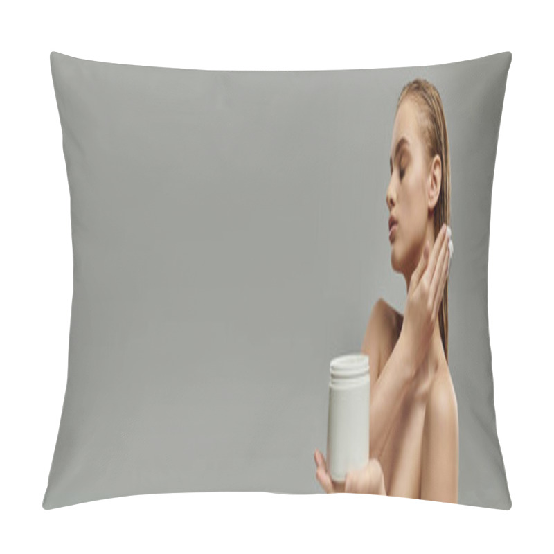 Personality  A Young Beautiful Woman Delicately Holding A Jar Of Hair Mask. Pillow Covers