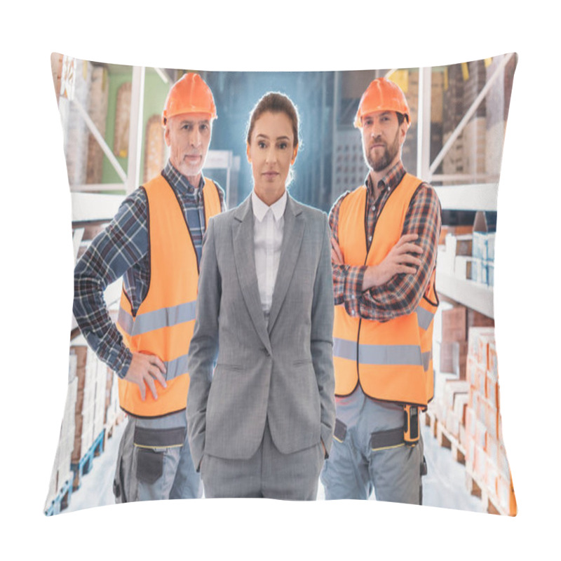 Personality  Workers In Helmets And Inspector In Suit Posing In Storehouse Pillow Covers