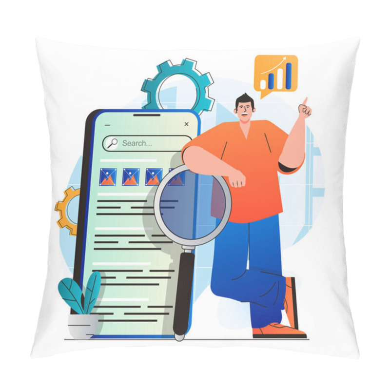 Personality  Seo Analysis Concept In Modern Flat Design. Man Analyzes Search Results And Site Rankings, Develops Promotion Strategy, Optimizes Keywords, Increases Traffic And Works With Data. Vector Illustration Pillow Covers