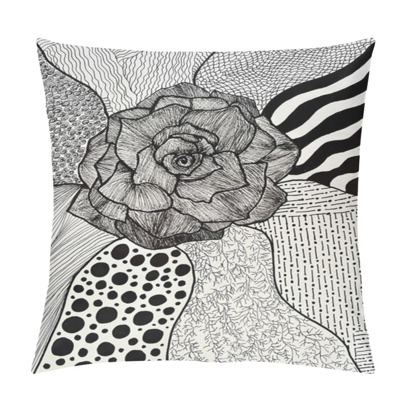 Personality  Rose Hand Drawn At The Middle Of Line Artwork Around,with Black Ink On Paper Pillow Covers