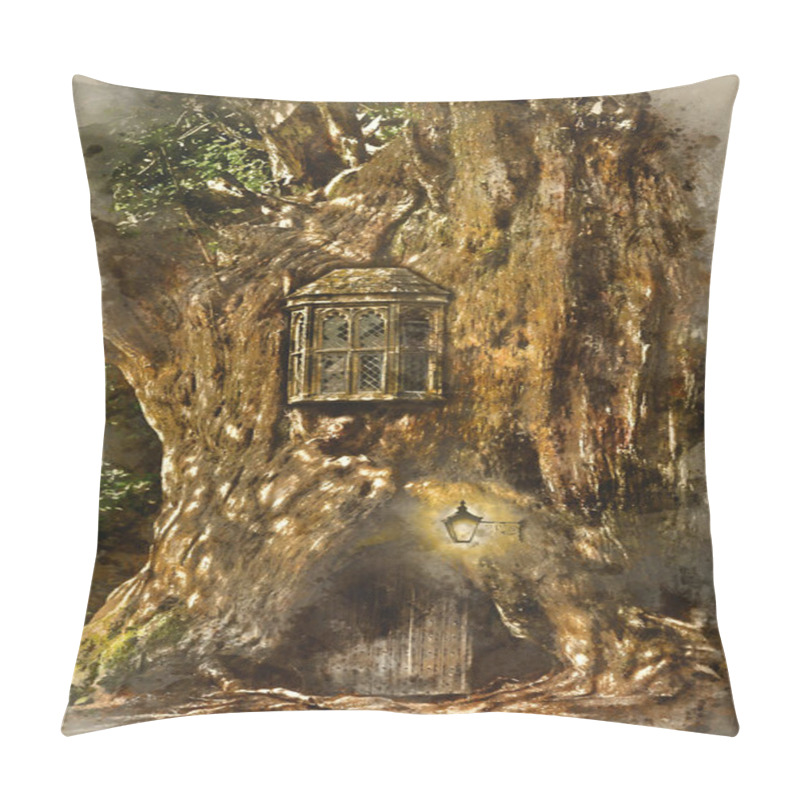 Personality  Watercolour Painting Of Fairytale Fantasy House In Tree Trunk In Forest Pillow Covers