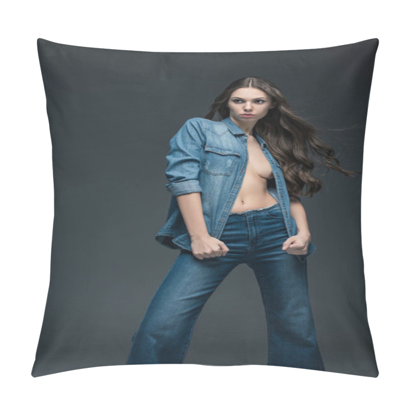 Personality  Attractive Seductive Girl Posing In Denim Shirt, Isolated On Grey  Pillow Covers