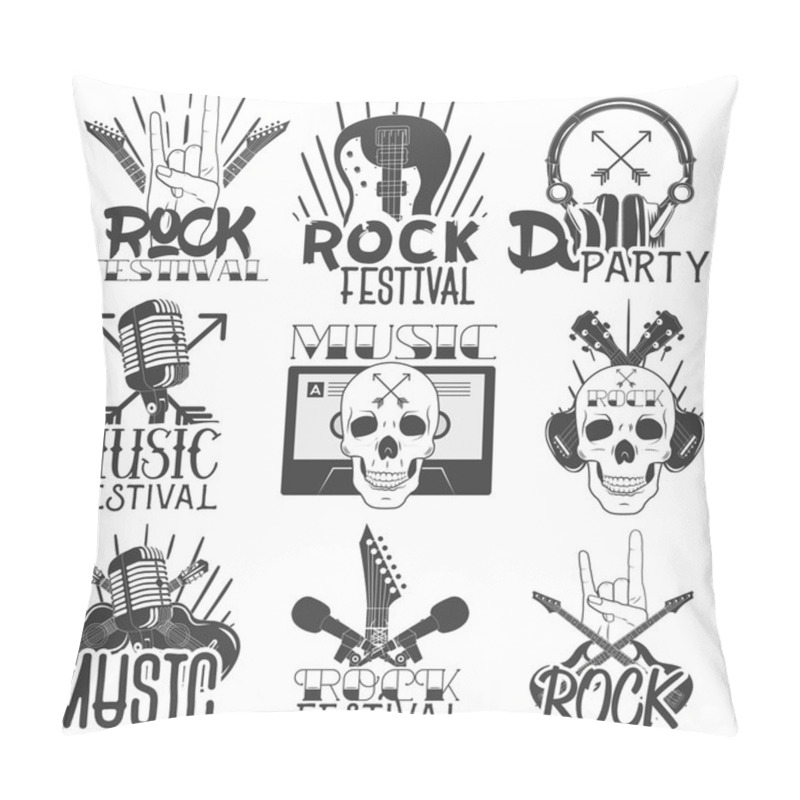 Personality  Vector Monochrome Set Of Music Theme Emblems. Isolated Badges, Logos, Banners Or Stickers With Guitars, Microphones, Headphones And Skulls In Vintage Style Pillow Covers