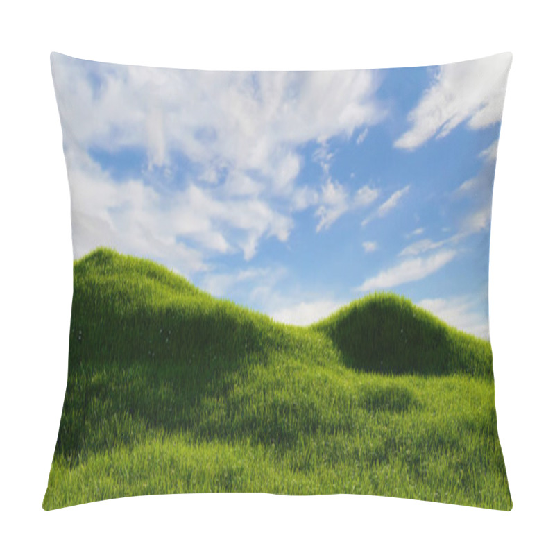 Personality  Green Grassland With Clear Blue Sky Background. Outdoor Nature Concept. 3D Illustration Rendering Pillow Covers