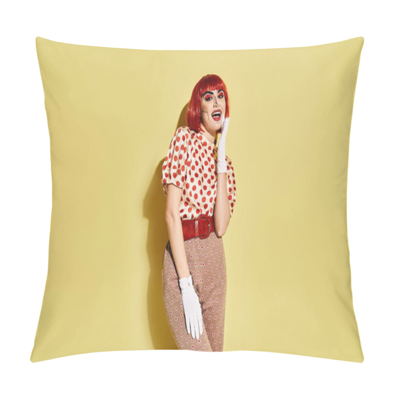 Personality  A Pretty Redhead Woman In White Gloves, With Creative Pop Art Makeup And A Polka Dot Blouse, Stands Confidently On A Yellow Background. Pillow Covers