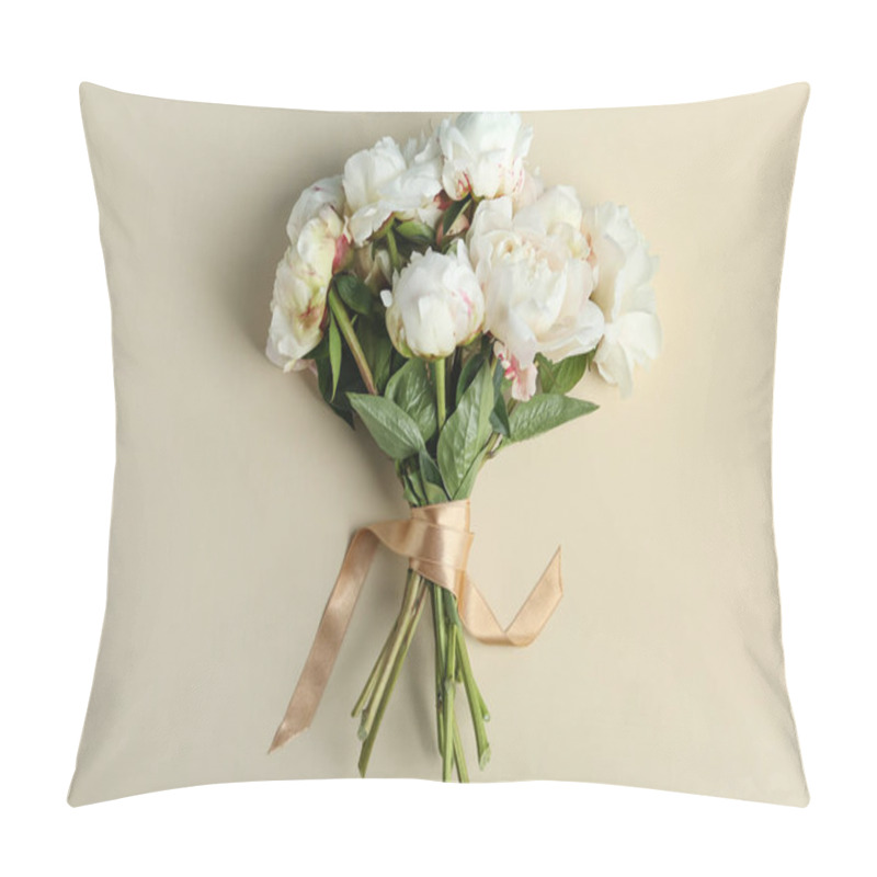 Personality  Bouquet Of Beautiful Peonies With Ribbon On Beige Background, Flat Lay Pillow Covers