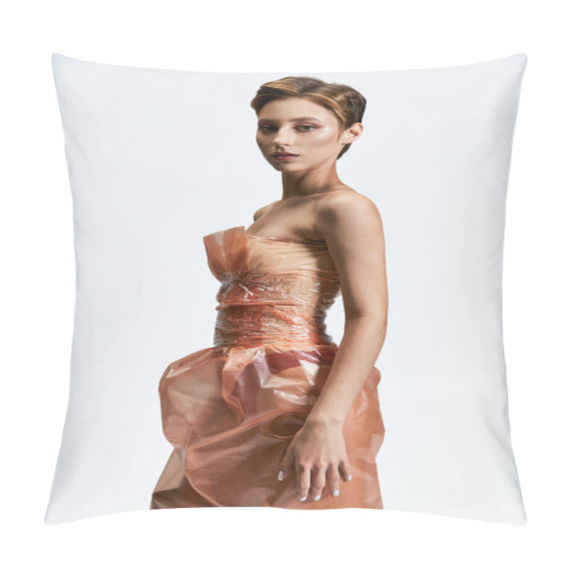 Personality  A Woman In A Dress Made Entirely Of Plastic Poses Against A White Backdrop. Pillow Covers