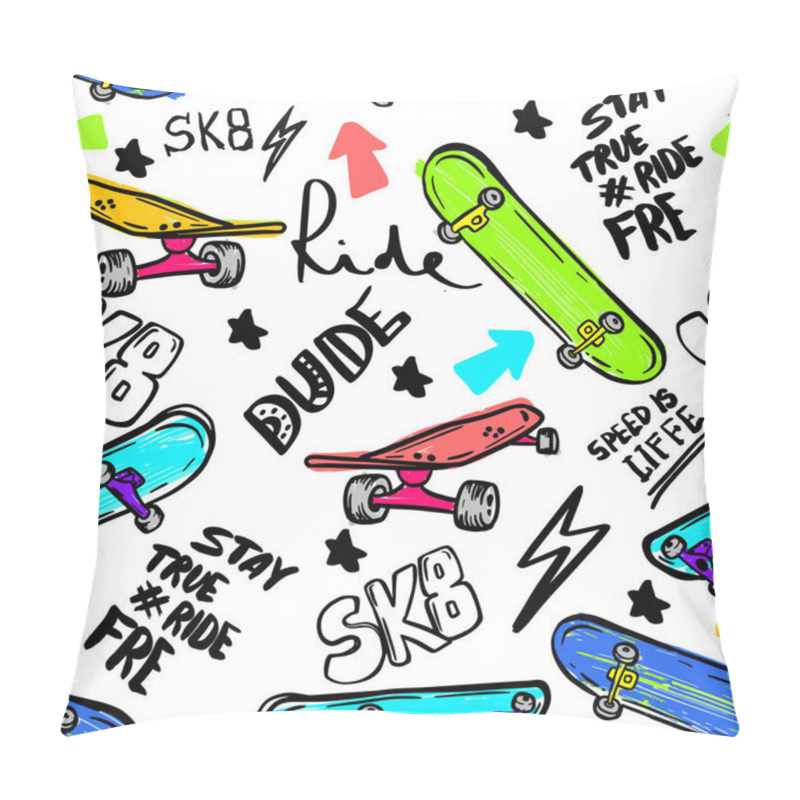 Personality  Hand Drawn Doodle Summer Sketch With Skateboards And Text. Vector Illustration. Pillow Covers