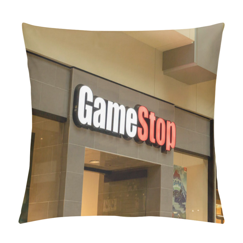 Personality  Houston, Texas, USA - February 25, 2022: GameStop Store Sign In A Shopping Mall. GameStop Corp. American Video Game, Consumer Electronics, Gaming And Merchandise Retailer. Pillow Covers