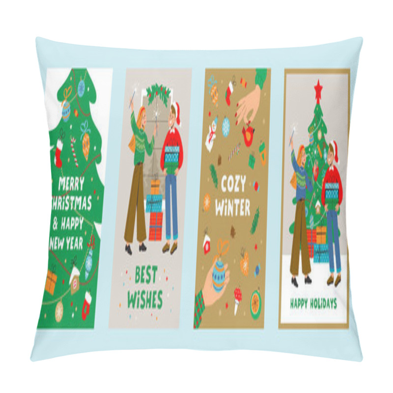 Personality  Vector Set Of Postcards With People Celebrating Winter Holidays. Pillow Covers