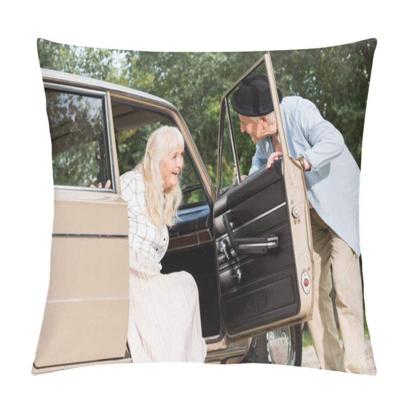 Personality  Senior Man Opening Car Door In Front Of Beautiful Woman Pillow Covers