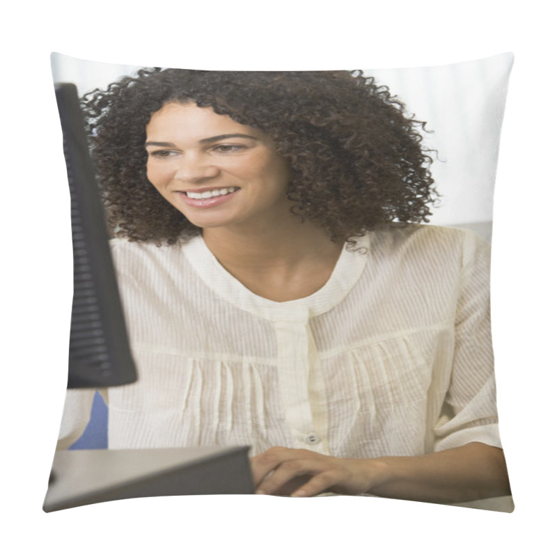 Personality  Mid Adult Woman Working On A Computer Pillow Covers