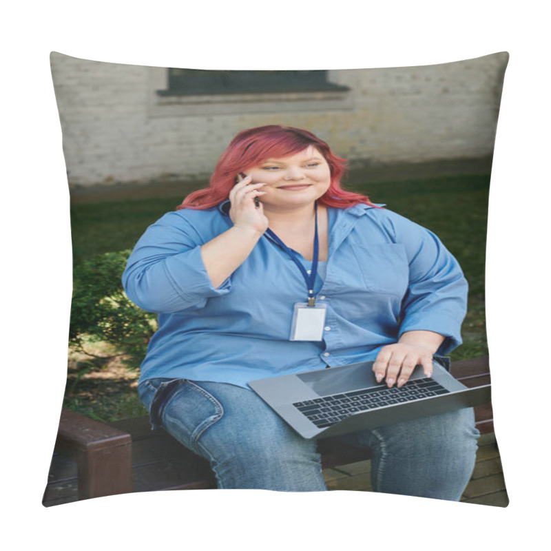 Personality  A Plus Size Woman With Bright Pink Hair Sits On A Bench, Using Her Laptop And Phone. Pillow Covers