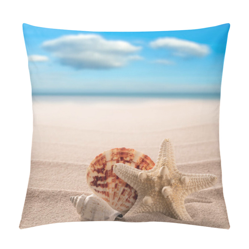 Personality  Starfish And Seashell Lying On Beach Sand Pillow Covers