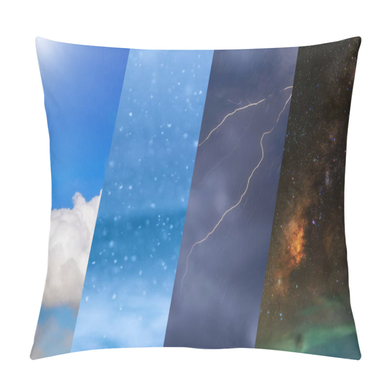 Personality  Weather Forecast Background - Variety Weather Conditions, Bright Sun And Snowfall, Dark Stormy Sky With Lightnings Pillow Covers