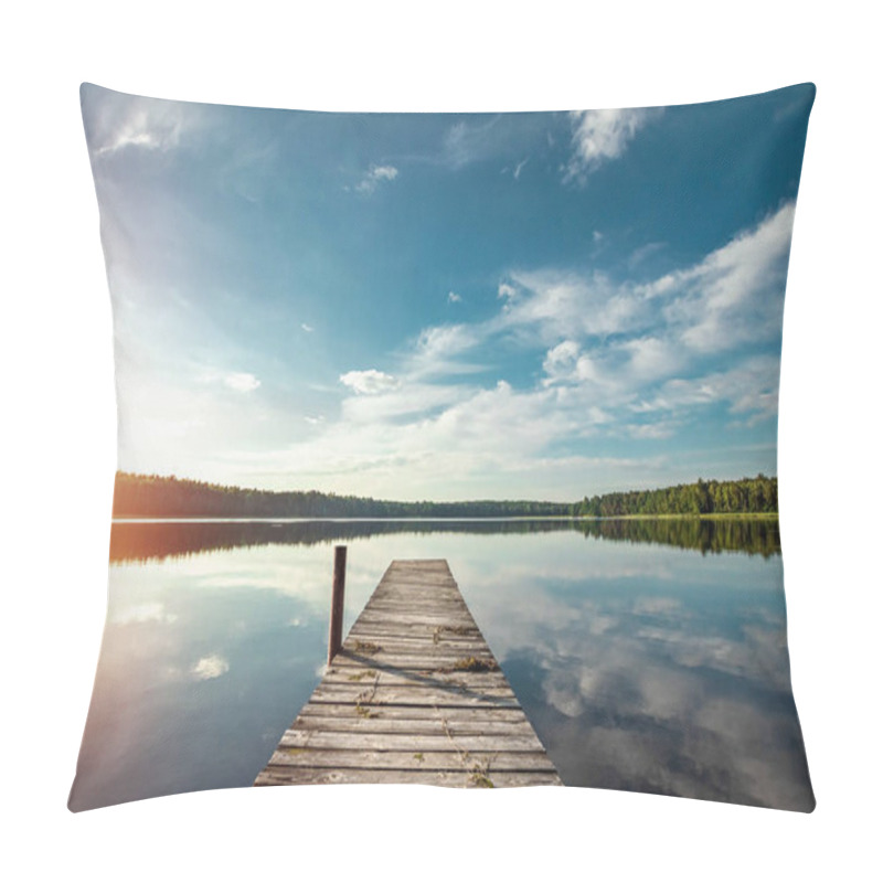 Personality  Wooden Pier On The Background Of A Beautiful Lake Summer Dawn Landscape. Copy Space Pillow Covers