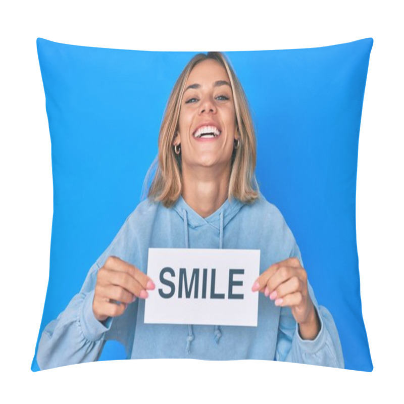 Personality  Beautiful Caucasian Woman Holding Smile Text Smiling And Laughing Hard Out Loud Because Funny Crazy Joke.  Pillow Covers