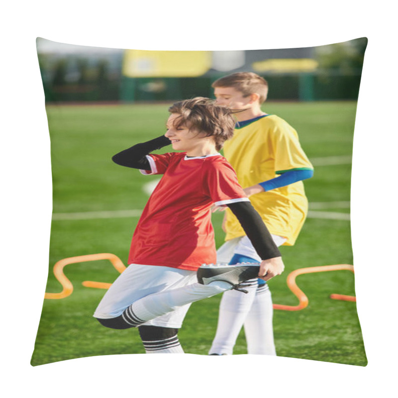 Personality  Two Young Men, Energized And Triumphant, Stand Atop The Soccer Field After A Successful Match. The Vibrant Green Grass Contrasts With Their Celebratory Expressions. Pillow Covers