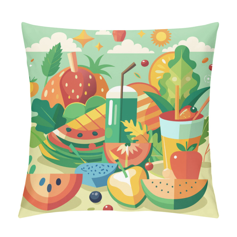 Personality  Summer Fresh Vector Art With Tropical Fruits And Beach Scene Pillow Covers