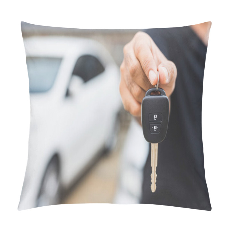 Personality  Businessman Giving A Car Key. Getting New Car. Pillow Covers