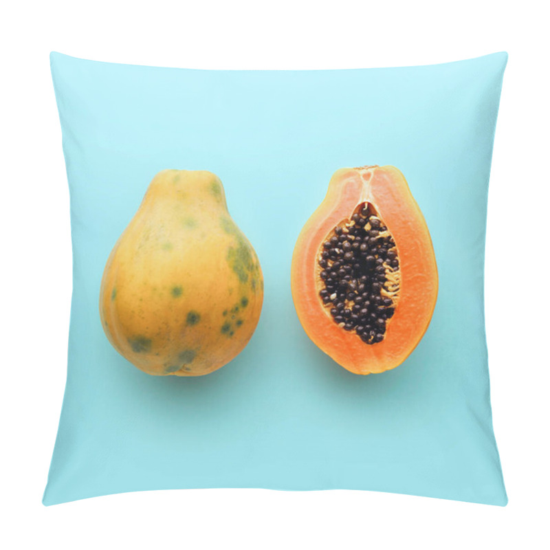 Personality  Hawaii Papaya On A Pastel Blue Background, Creative Food Concept, Tropical Fruit Flat Lay Pillow Covers