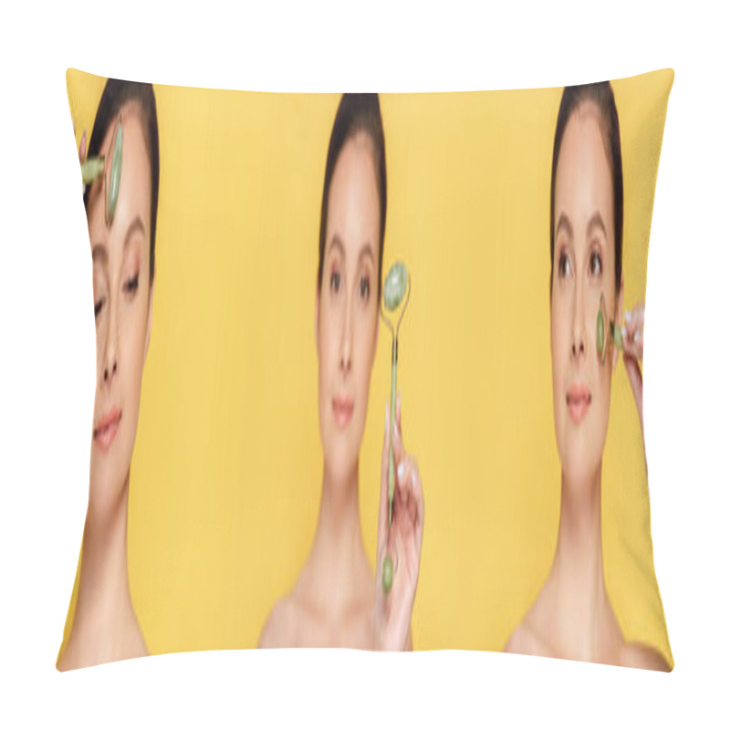 Personality  Collage Of Beautiful Naked Woman Using Jade Roller On Face Isolated On Yellow, Panoramic Shot Pillow Covers