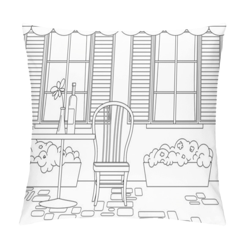 Personality  French Street Cafe With Awning. Table And Chair On The Street, Windows With Shutters, Flowers In Floor Flower Pots; A Bottle Of Wine On The Table, A Flower In A Vase On The Table. For Coloring Book Page. Pillow Covers