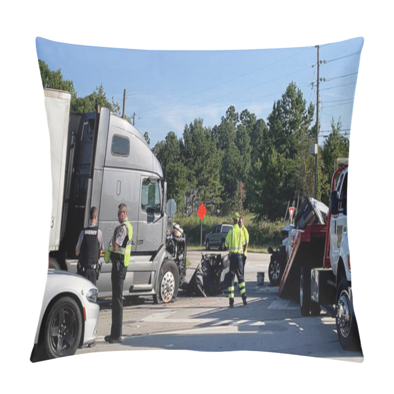 Personality  Augusta, Ga USA - 09 23 2021: Semi Truck And Pickup Truck Collision Car Wreck And Police Officers On Scene On Highway 1 Pillow Covers