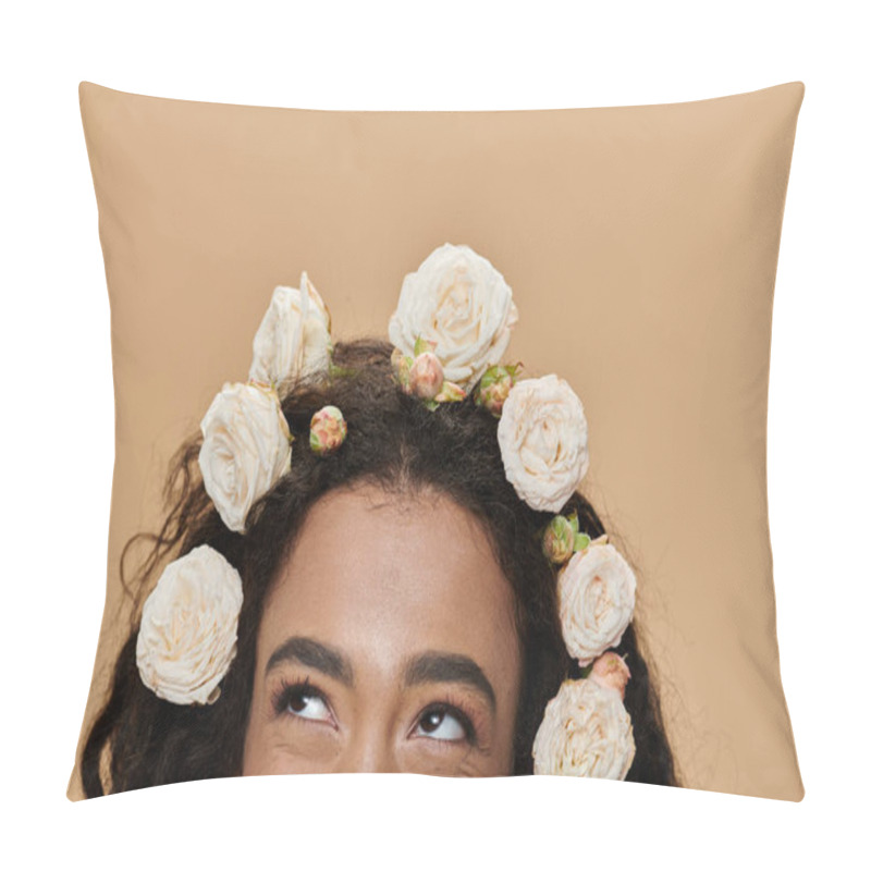 Personality  A Young African American Woman With Natural Makeup And Flowers Adorning Her Hair Looks Up Thoughtfully. Pillow Covers