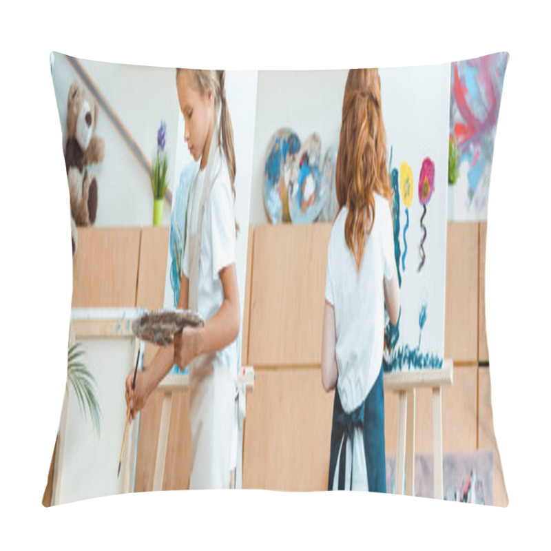 Personality  Panoramic Shot Of Kids Holding Palette While Painting On Canvas  Pillow Covers