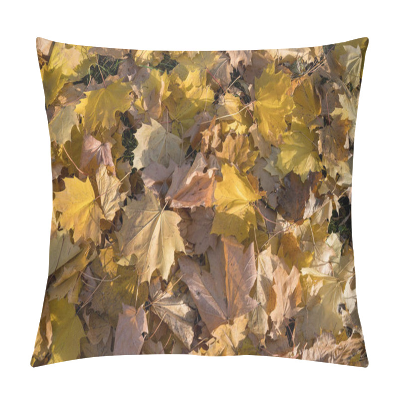 Personality  A Close-up Of Fallen Leaves In Shades Of Gold And Brown. The Image Highlights The Intricate Details And Vibrant Colors Of Autumn Foliage. Pillow Covers