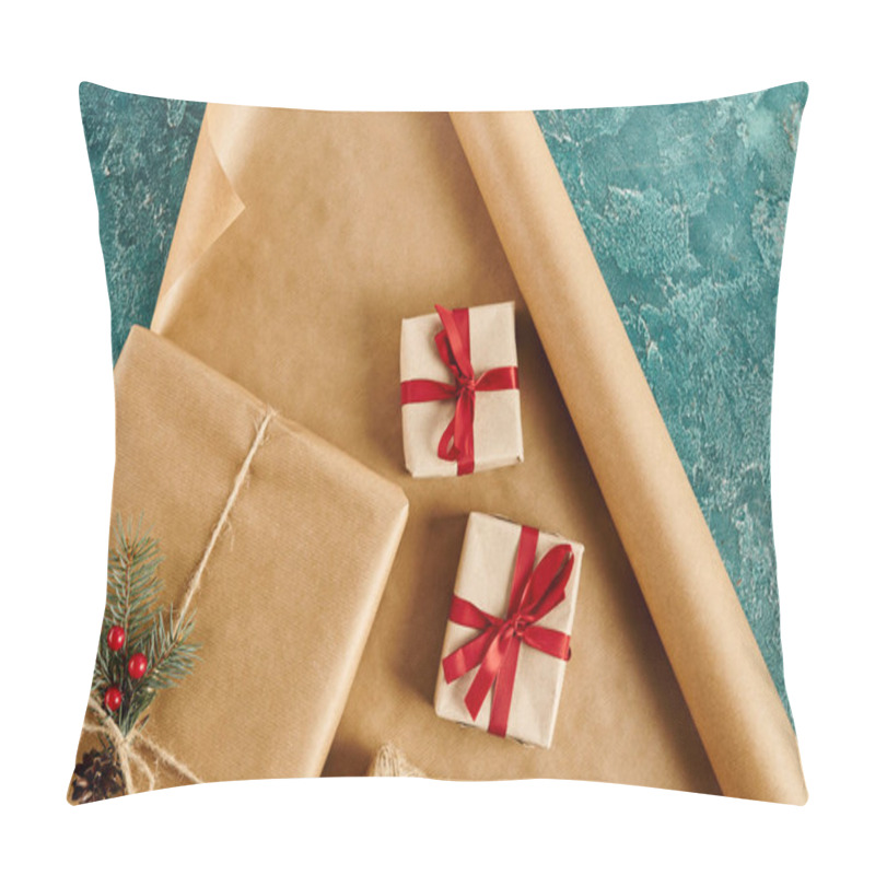 Personality  Gift Boxes With Ribbons And Pine Branch With Holly Berries On Craft Paper And Blue Textured Surface Pillow Covers