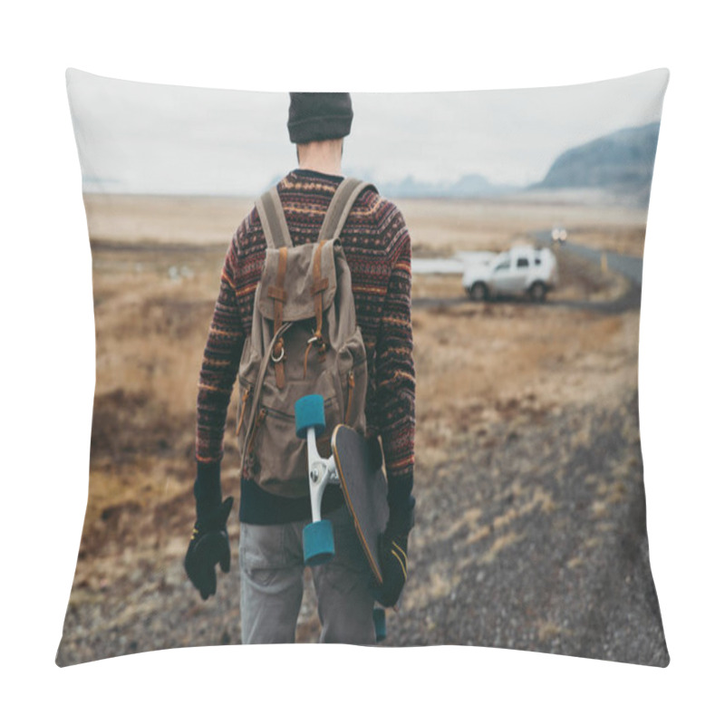 Personality  Skater Traveling Iceland On His Longboard Pillow Covers