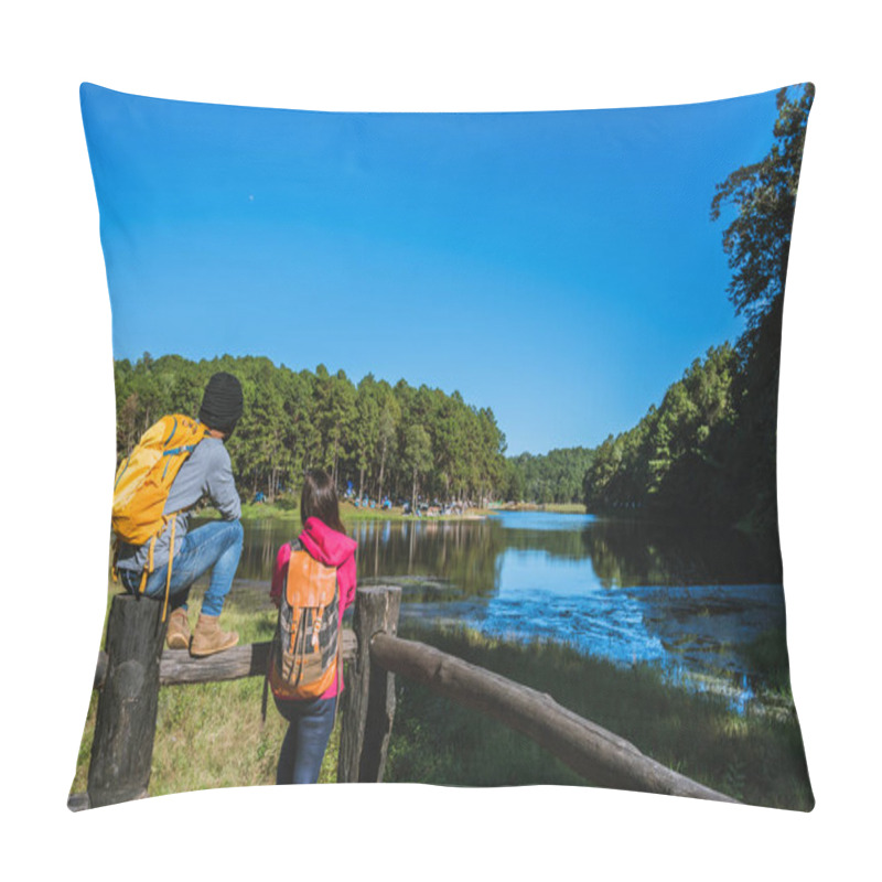 Personality  A Couple Travelers With Backpack Standing On Top Of The Viewpoint Nature A Beautiful, Enjoy The Sunrise On The Foggy Lake Surface, Young Men And Asian Girlfriends Travel Nature On Mountain Pang Ung Park In Thailand. Pillow Covers