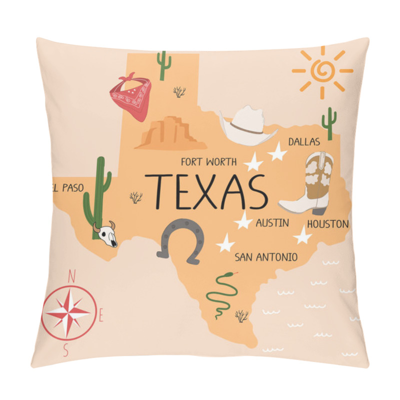 Personality  A Cute Illustrated Map Of Texas. A Western USA State With Doodle Elements, Plants, Animals, Cities. Fun Children Poster Pillow Covers