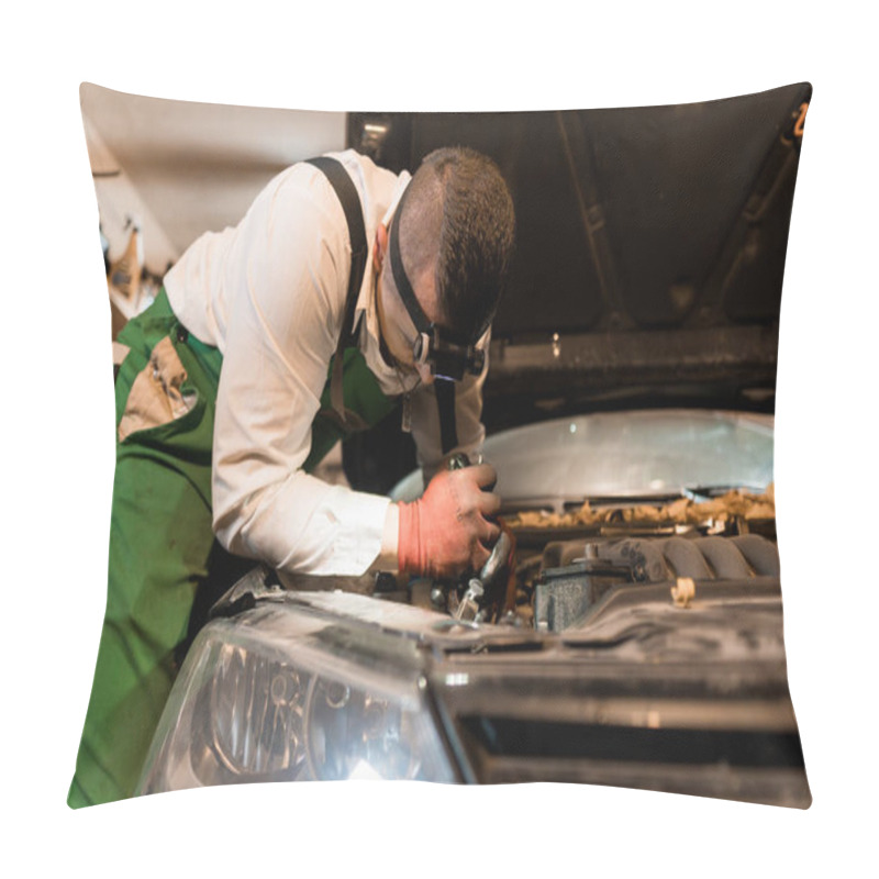 Personality  A Mechanic Repairing A Car Engine In A Workshop. Pillow Covers