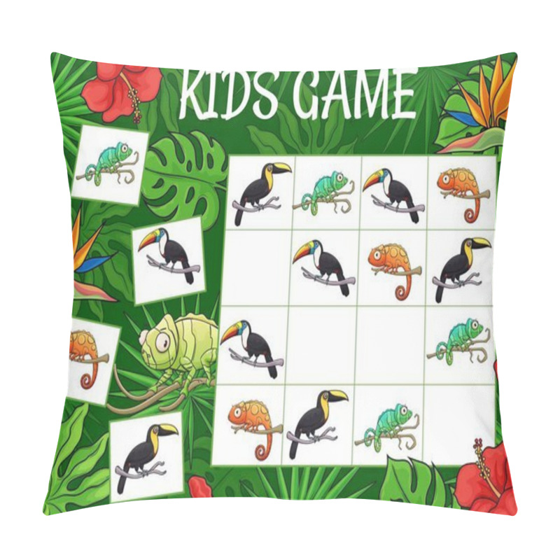 Personality  Kids Sudoku Game Cartoon Chameleons And Toucans In Jungle. Vector Riddle With Tropical Animals Characters On Chequered Board. Educational Task, Children Crossword Boardgame, Maze Teaser For Sparetime Pillow Covers