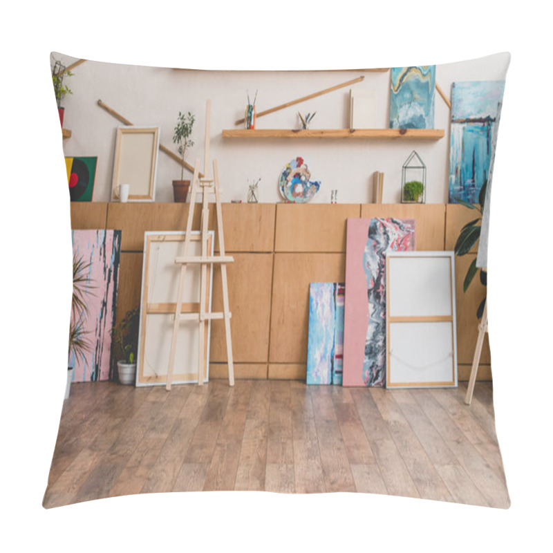 Personality  Spacious Light Painting Studio With Wooden Cabinets, Shelves, Easels And Paintings Pillow Covers