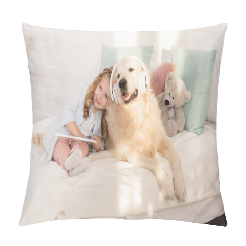 Personality  Adorable Kid Holding Tablet And Leaning On Golden Retriever With Headphones Lying On Bed In Children Room Pillow Covers