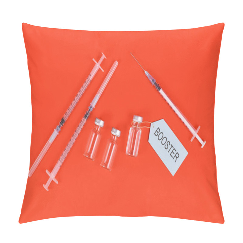 Personality  Corina Virus Booster Vaccination Concept With Vials And Syringes On Red Background Pillow Covers