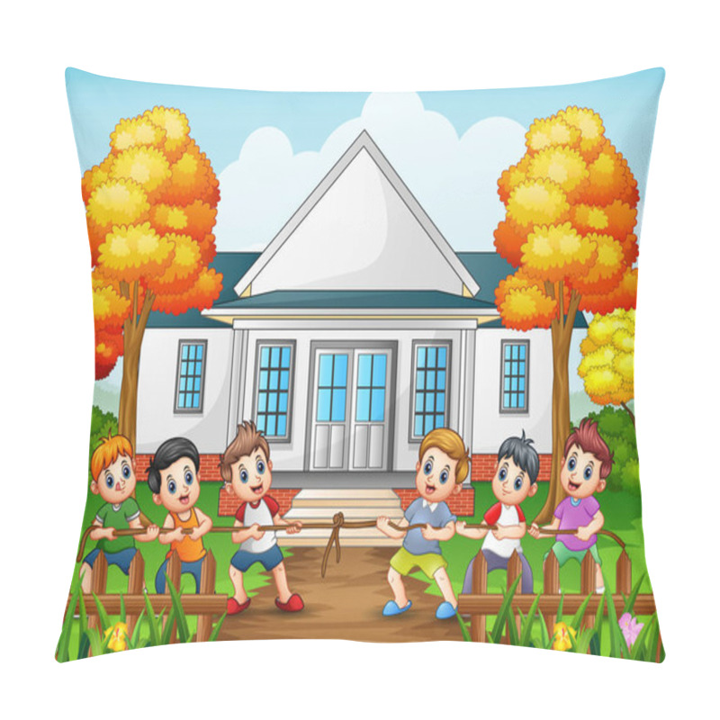 Personality  Group Of Children Playing Tug Of War In Front House Pillow Covers