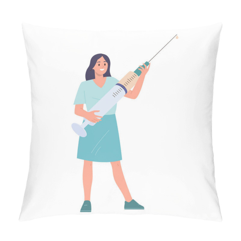 Personality  Woman Doctor Cartoon Character Holding Syringe With Medication For Patient Vaccination And Treatment Vector Illustration. Medical Injection To Safe People Life And Healthcare Against Viral Infection Pillow Covers