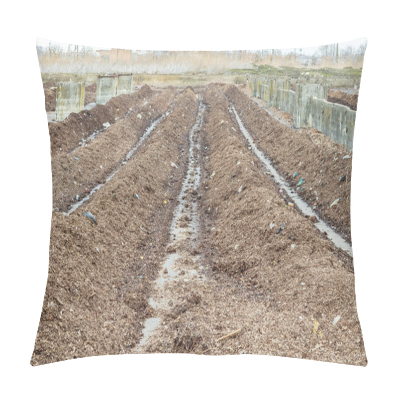 Personality  Rows Of Green Waste At Industrial Compost Plant. Turning Organic Waste To Compost Soil. Pillow Covers