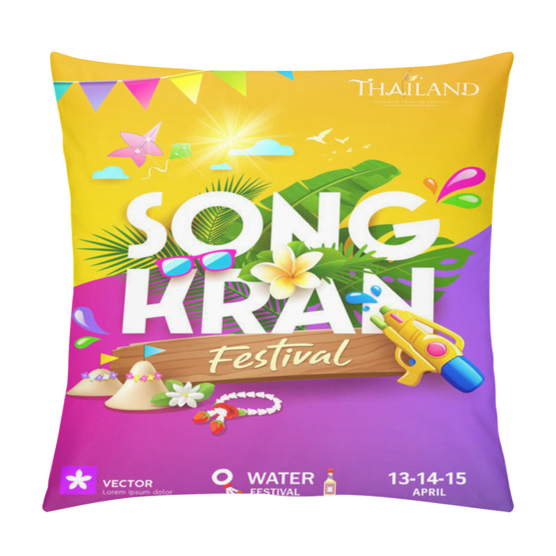 Personality  Songkran Festival Thailand Summer Tropical Leaf, Gun Water And Thai Flower, Poster Flyer Design On Yellow And Purple Background, Eps 10 Vector Illustration Pillow Covers